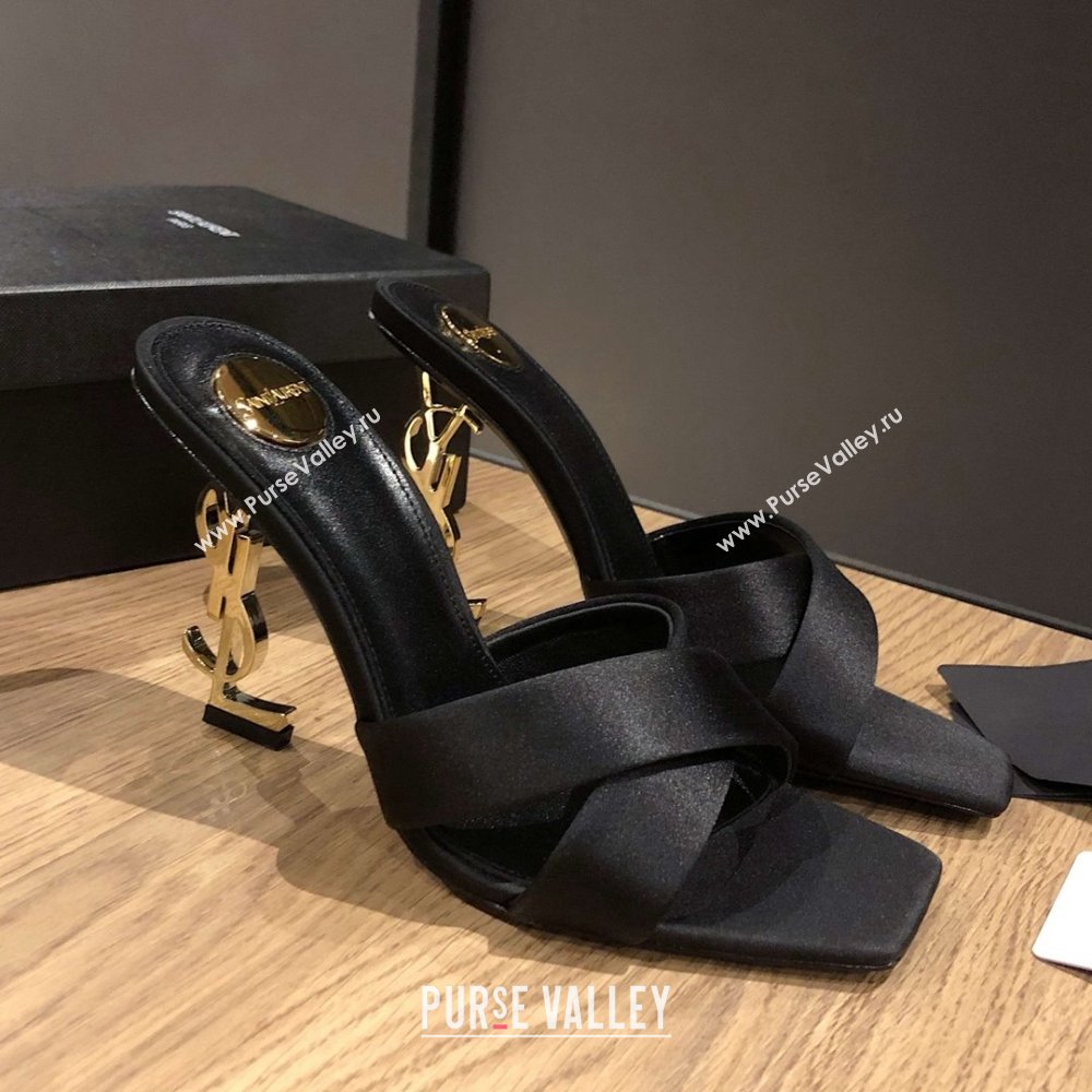 Saint Laurent Ppyum Mules Sandals in Satin Crepe 10.5cm Heel Black 2025 (MD-25052312)