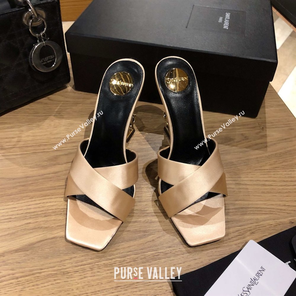 Saint Laurent Ppyum Mules Sandals in Satin Crepe 10.5cm Heel Beige 2025 (MD-25052313)