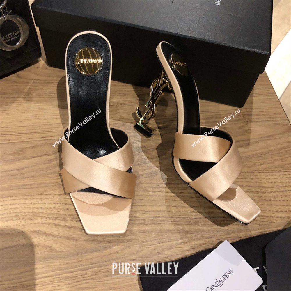 Saint Laurent Ppyum Mules Sandals in Satin Crepe 10.5cm Heel Beige 2025 (MD-25052313)