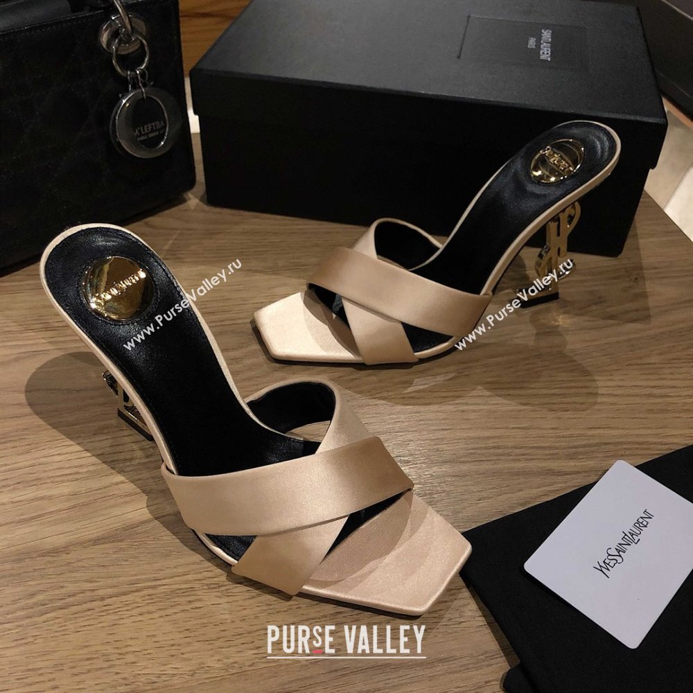 Saint Laurent Ppyum Mules Sandals in Satin Crepe 10.5cm Heel Beige 2025 (MD-25052313)