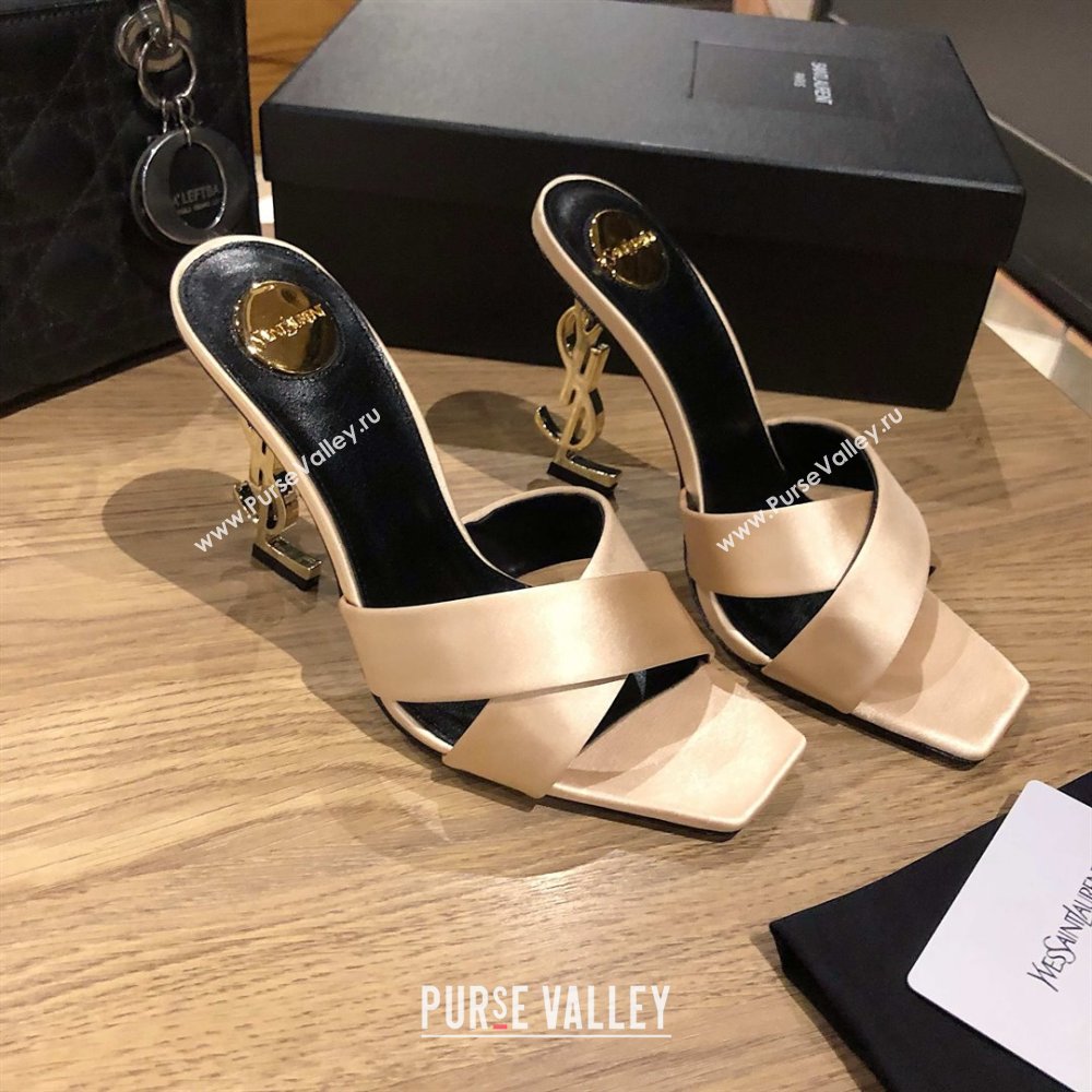 Saint Laurent Ppyum Mules Sandals in Satin Crepe 10.5cm Heel Beige 2025 (MD-25052313)