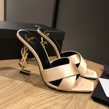 Saint Laurent Ppyum Mules Sandals in Satin Crepe 10.5cm Heel Beige 2025 (MD-25052313)