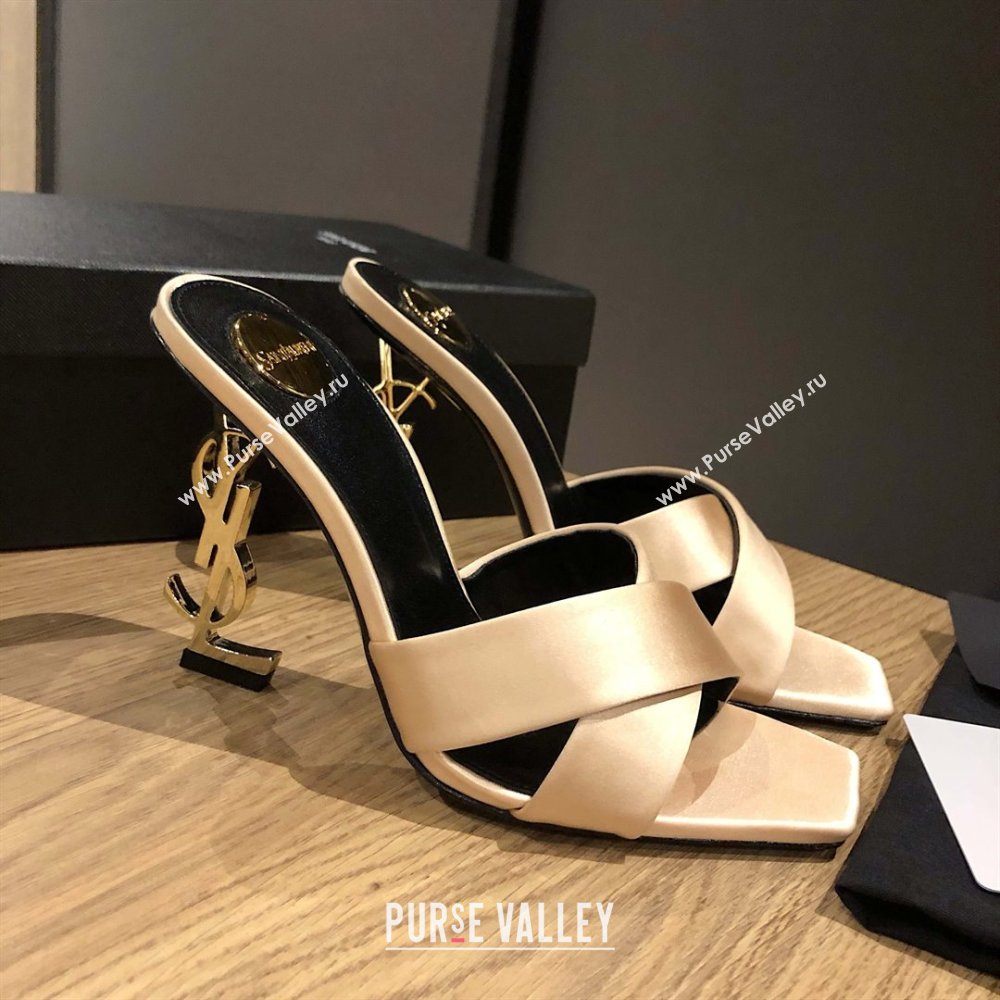 Saint Laurent Ppyum Mules Sandals in Satin Crepe 10.5cm Heel Beige 2025 (MD-25052313)