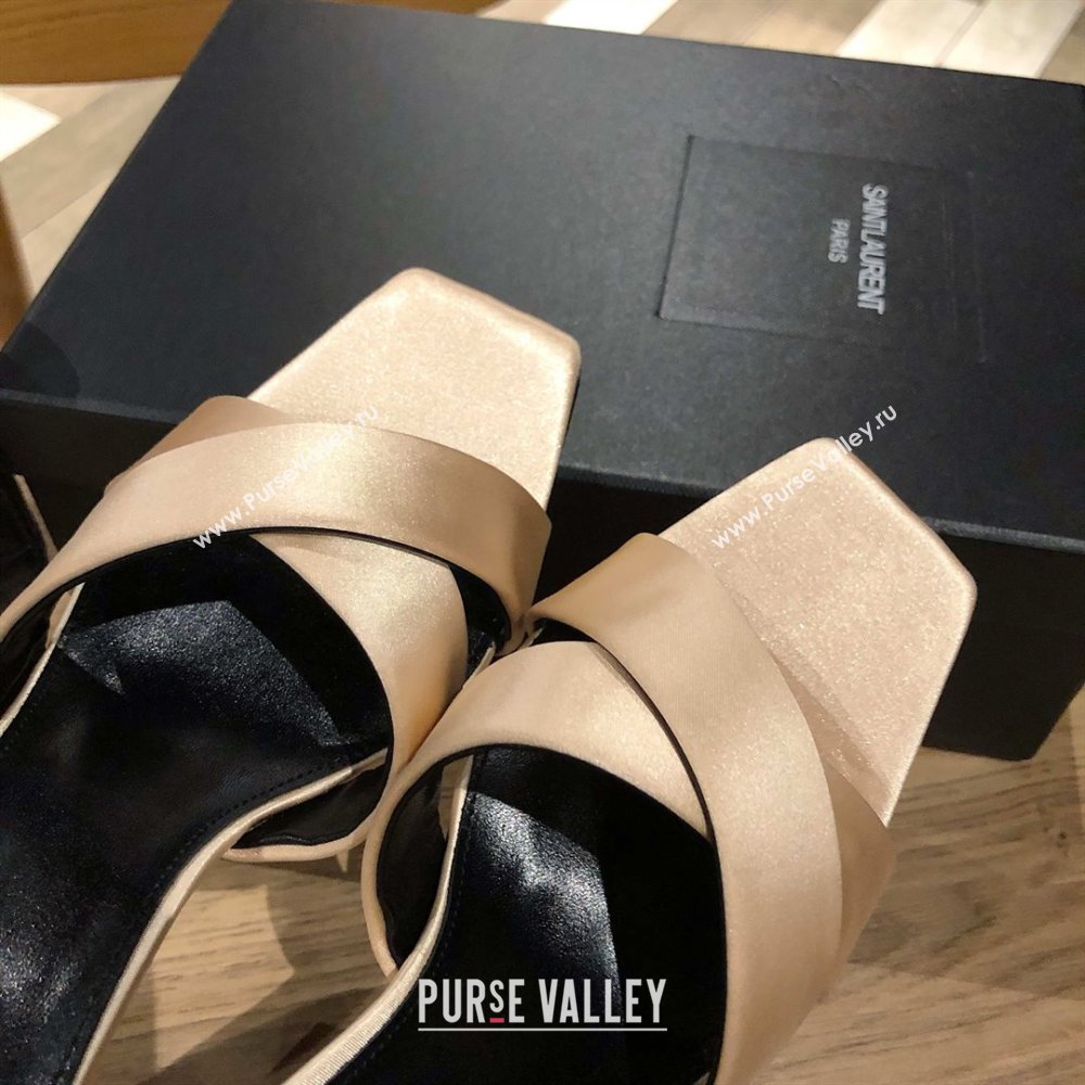 Saint Laurent Ppyum Mules Sandals in Satin Crepe 10.5cm Heel Beige 2025 (MD-25052313)