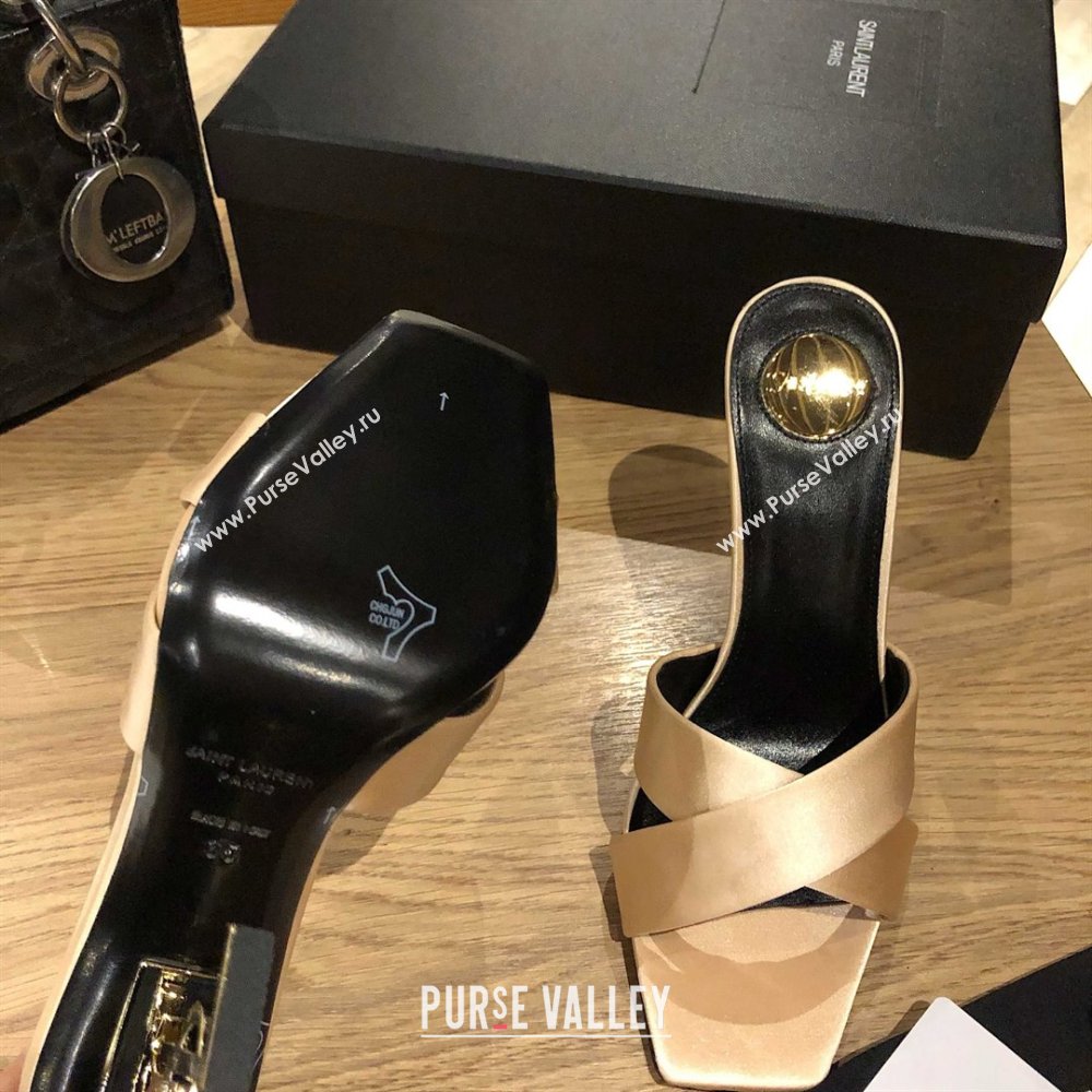 Saint Laurent Ppyum Mules Sandals in Satin Crepe 10.5cm Heel Beige 2025 (MD-25052313)