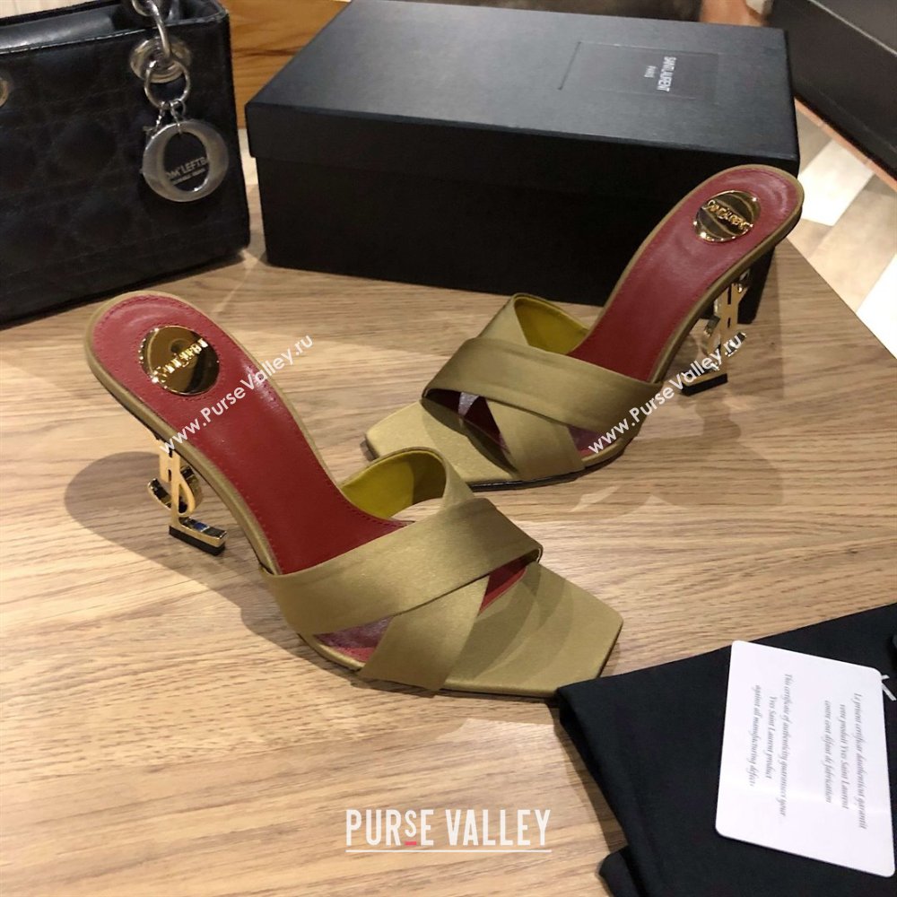 Saint Laurent Ppyum Mules Sandals in Satin Crepe 10.5cm Heel Green 2025 (MD-25052314)