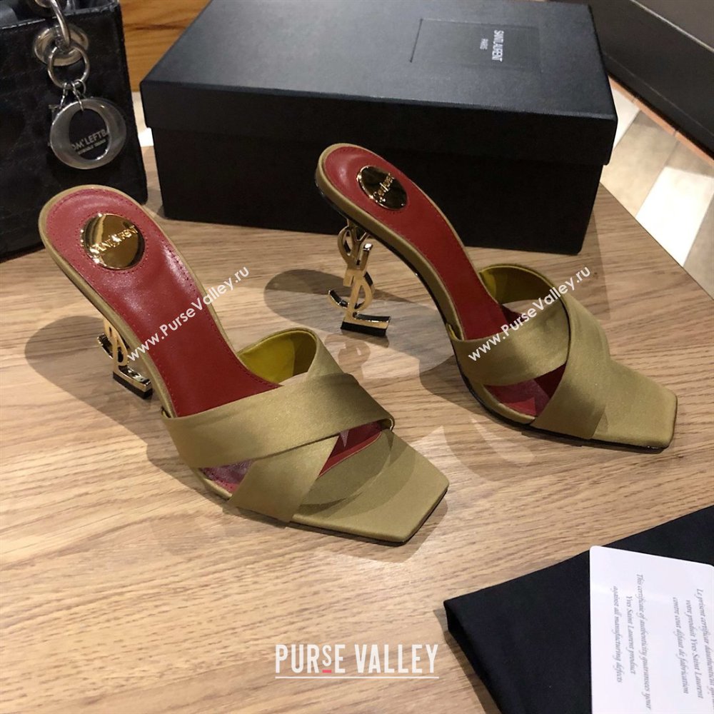 Saint Laurent Ppyum Mules Sandals in Satin Crepe 10.5cm Heel Green 2025 (MD-25052314)