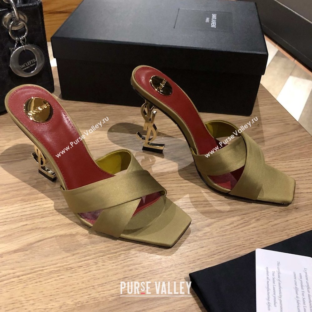 Saint Laurent Ppyum Mules Sandals in Satin Crepe 10.5cm Heel Green 2025 (MD-25052314)