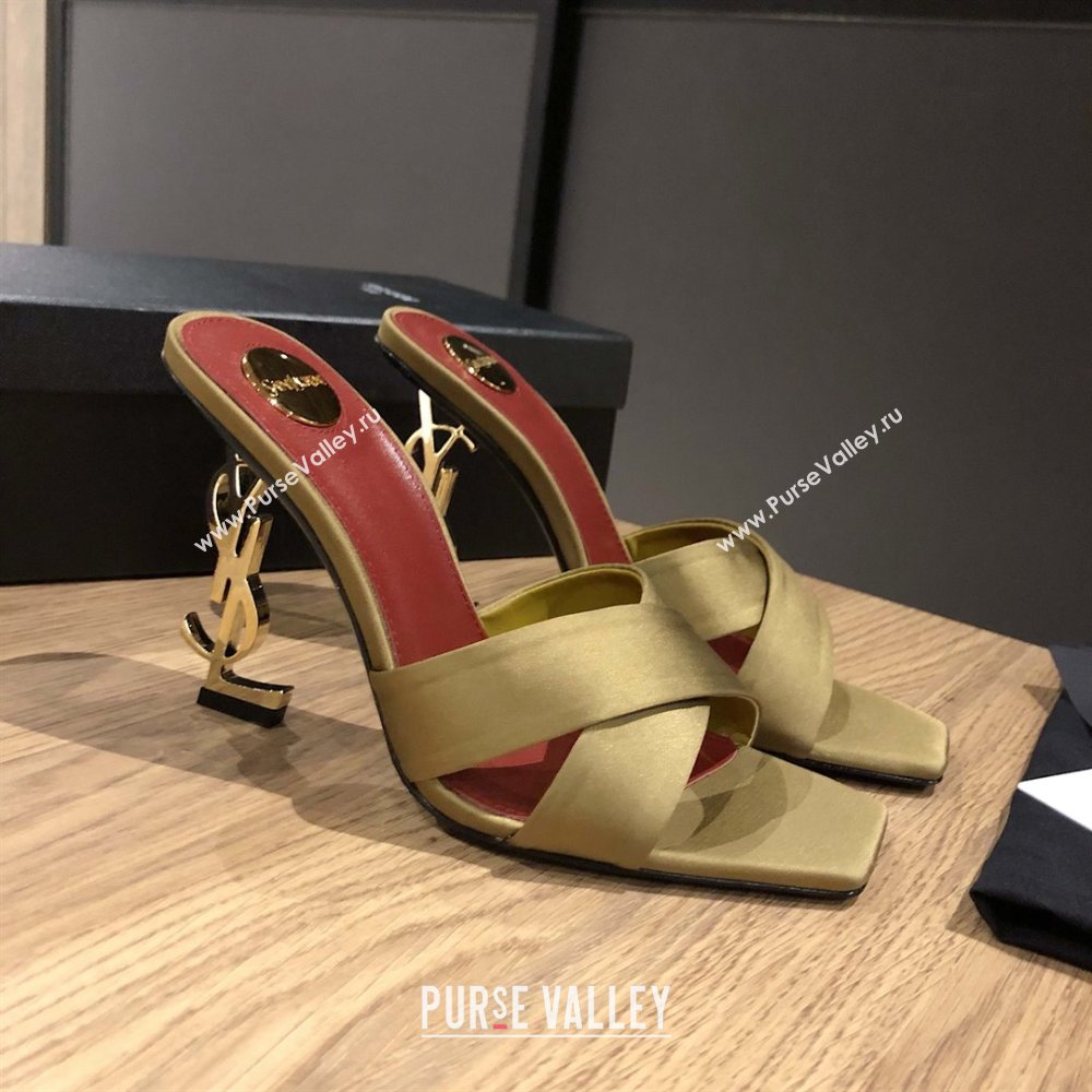 Saint Laurent Ppyum Mules Sandals in Satin Crepe 10.5cm Heel Green 2025 (MD-25052314)