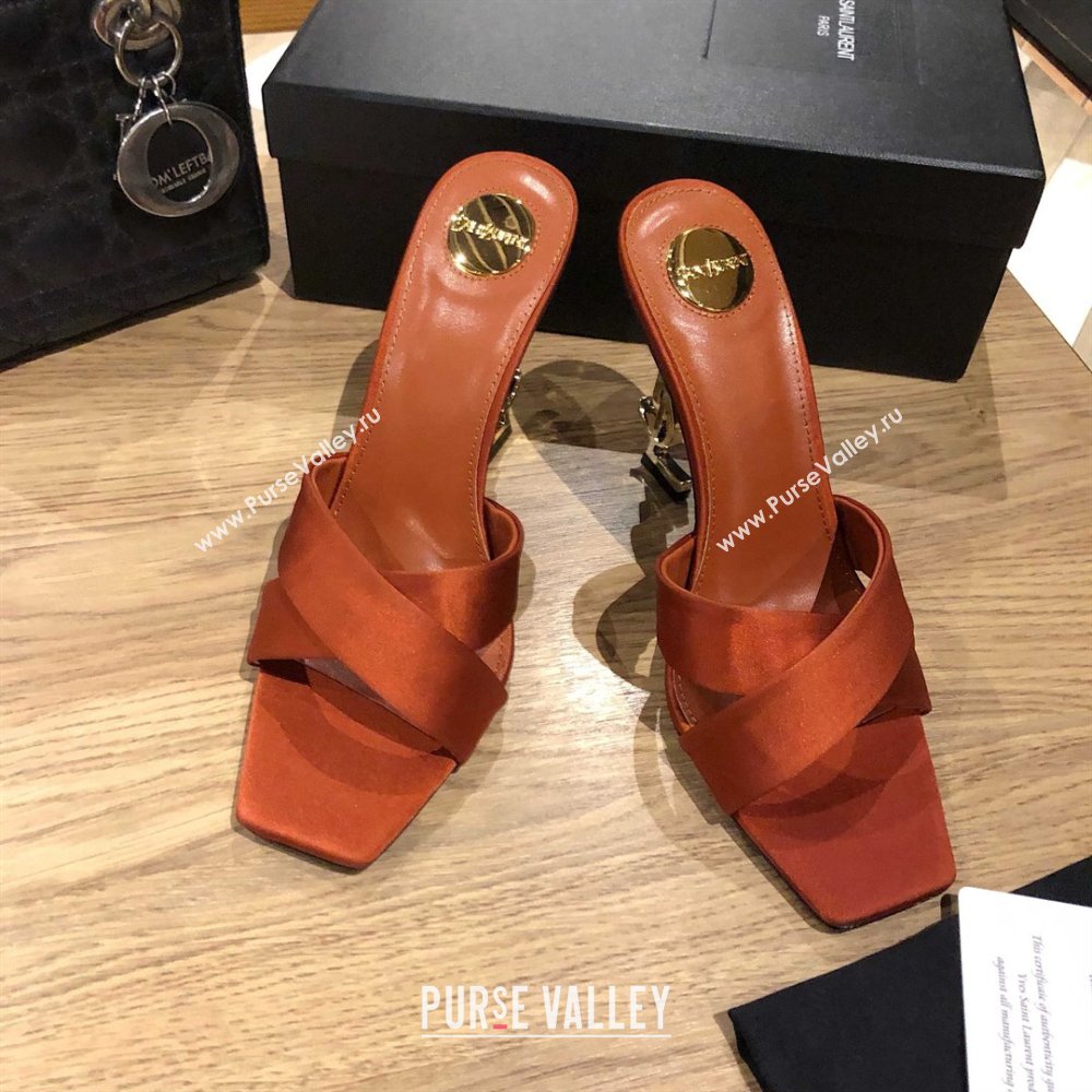 Saint Laurent Ppyum Mules Sandals in Satin Crepe 10.5cm Heel Brown 2025 (MD-25052315)