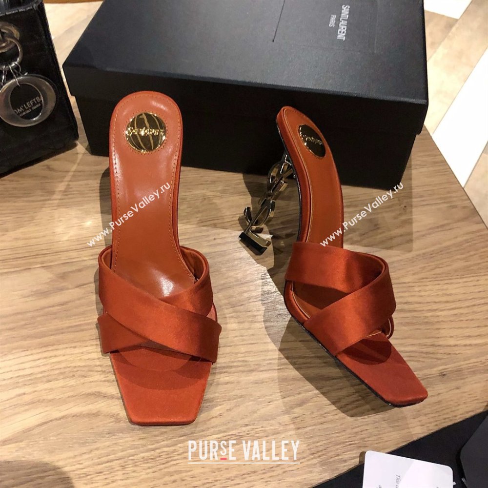 Saint Laurent Ppyum Mules Sandals in Satin Crepe 10.5cm Heel Brown 2025 (MD-25052315)