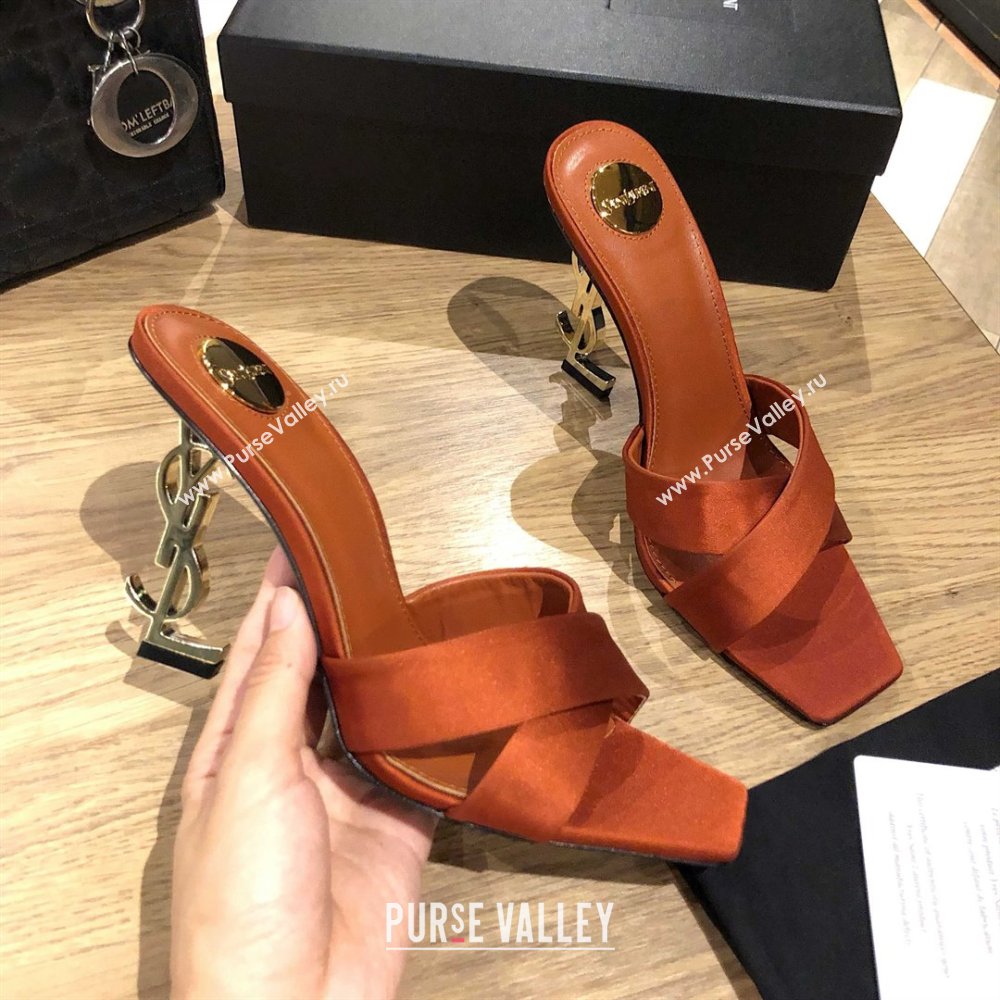 Saint Laurent Ppyum Mules Sandals in Satin Crepe 10.5cm Heel Brown 2025 (MD-25052315)