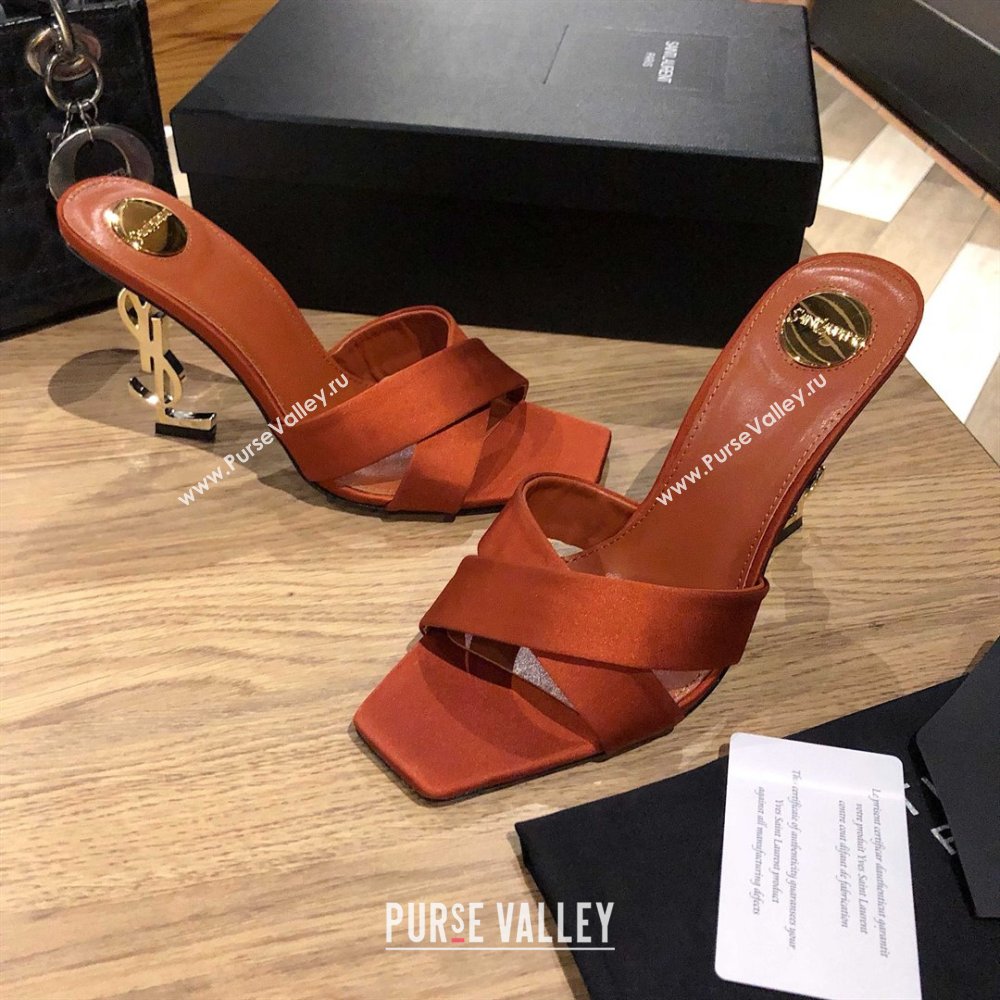 Saint Laurent Ppyum Mules Sandals in Satin Crepe 10.5cm Heel Brown 2025 (MD-25052315)