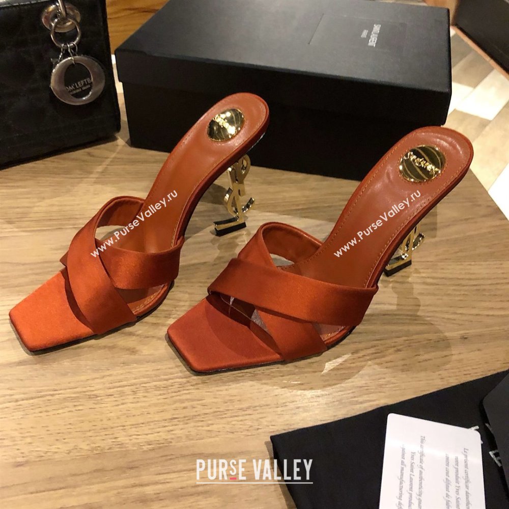 Saint Laurent Ppyum Mules Sandals in Satin Crepe 10.5cm Heel Brown 2025 (MD-25052315)