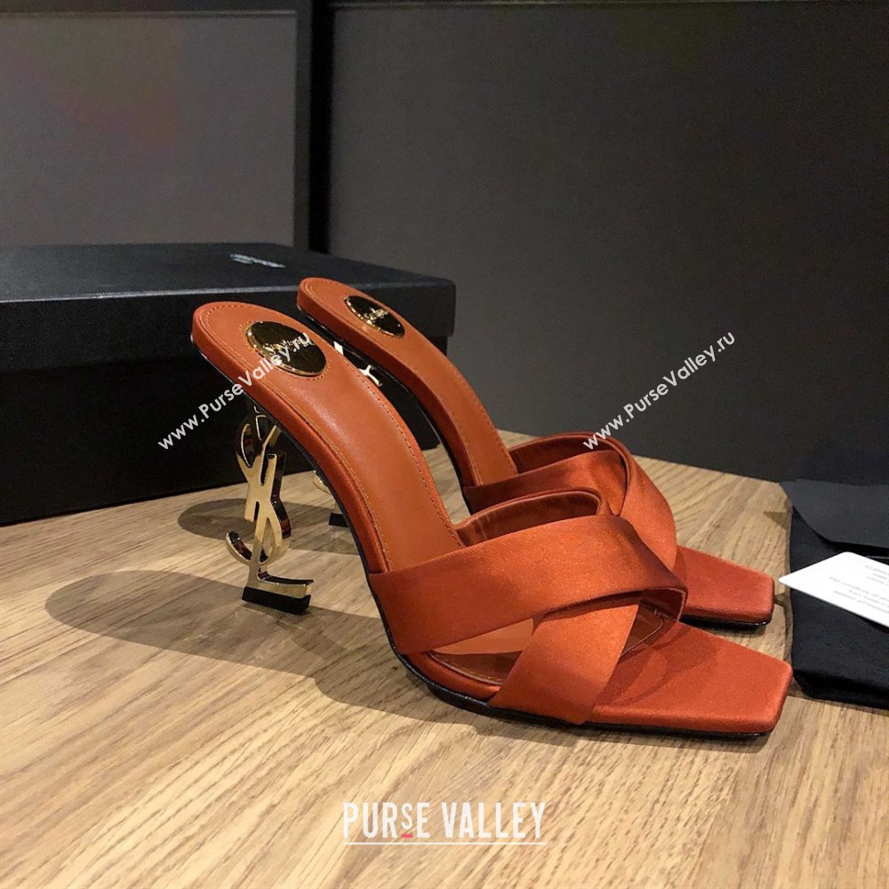 Saint Laurent Ppyum Mules Sandals in Satin Crepe 10.5cm Heel Brown 2025 (MD-25052315)