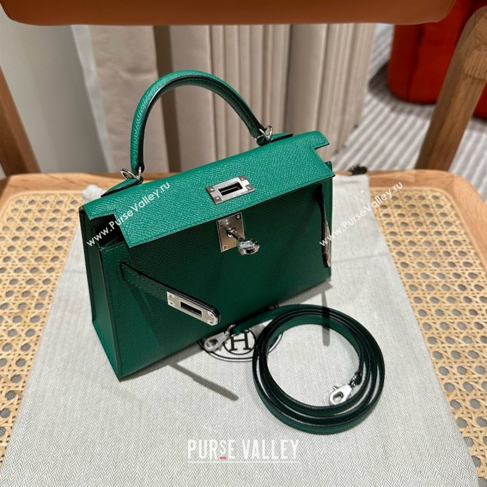 Hermes Mini Kelly II Bag 19cm in Epsom Leather U4 Vert Vertigo Green/Silver 2025 (Half Handmade） (XX-25053001)