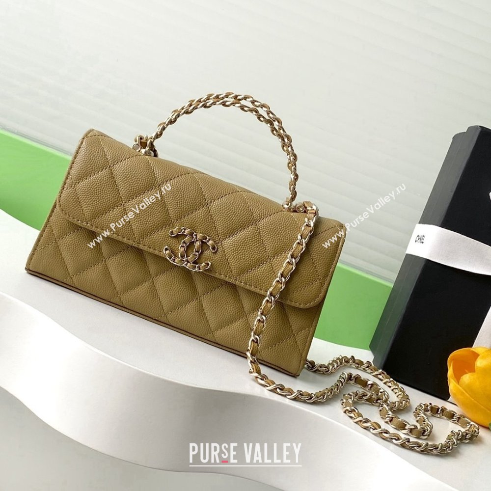 Chanel Phone Holder with Chain in Grained Shiny Calfskin AP3238 Khaki Green Spring-Summer 2025 (JY-25061114)