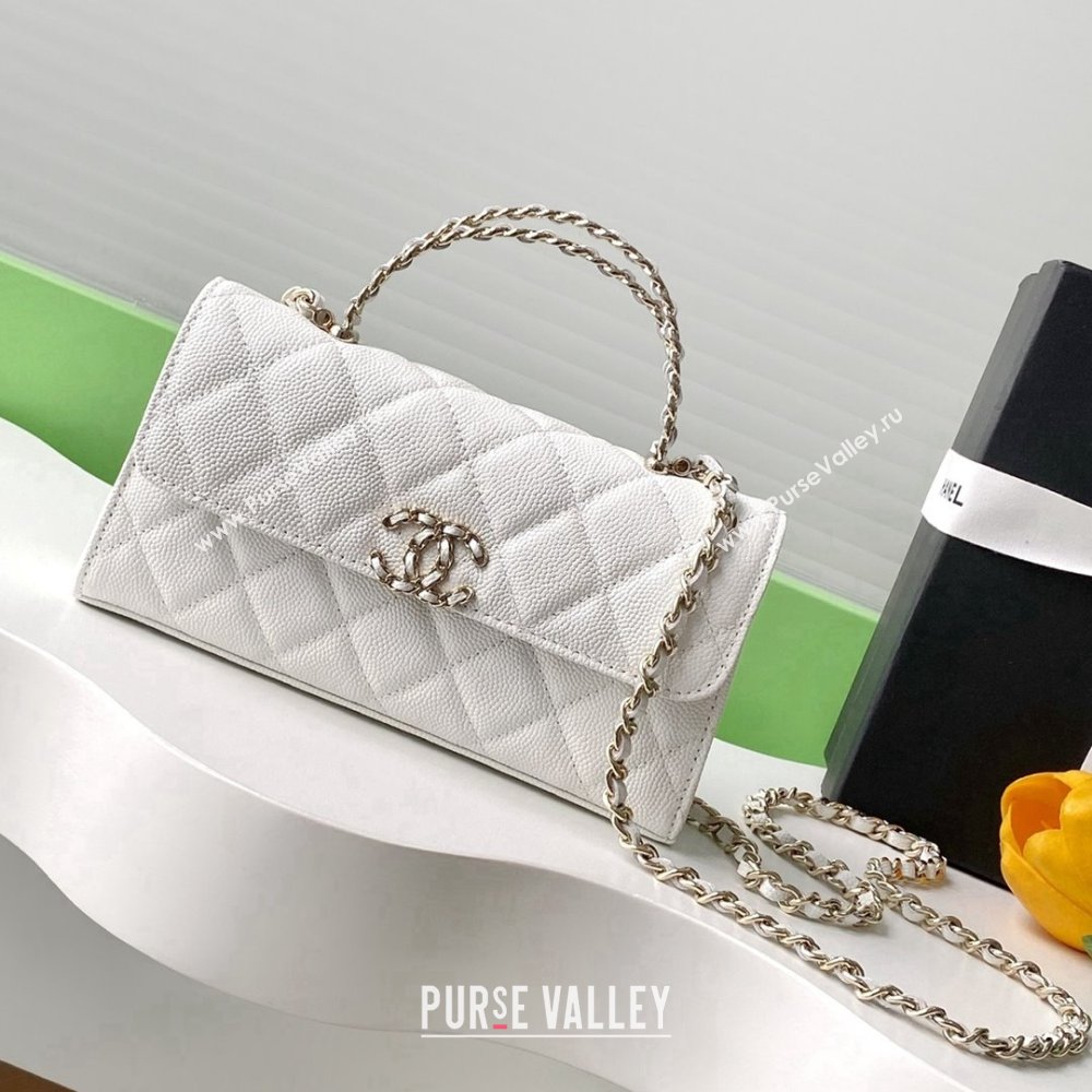 Chanel Phone Holder with Chain in Grained Shiny Calfskin AP3238 White Spring-Summer 2025 (JY-25061106)