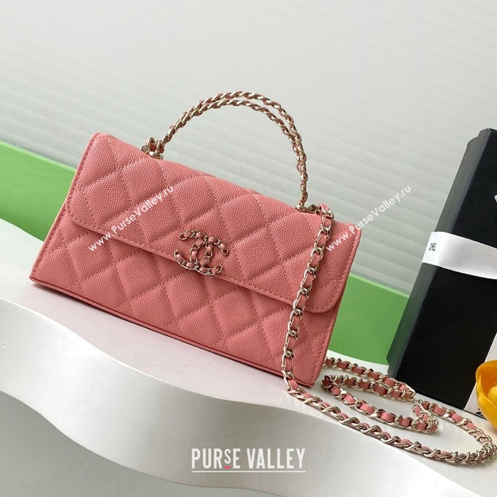 Chanel Phone Holder with Chain in Grained Shiny Calfskin AP3238 Lobster Pink Spring-Summer 2025 (JY-25061112)