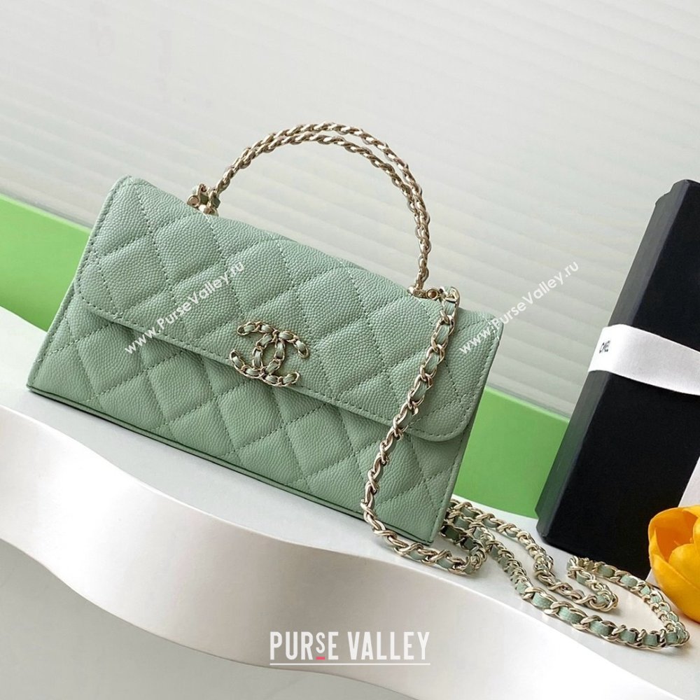 Chanel Phone Holder with Chain in Grained Shiny Calfskin AP3238 Light Green Spring-Summer 2025 (JY-25061113)