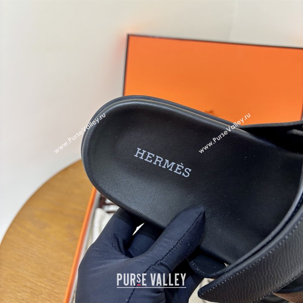 Hermes Chypre Flat Sandals in Epsom Calfskin Black 2025（Handmade） (MDU-25061101)