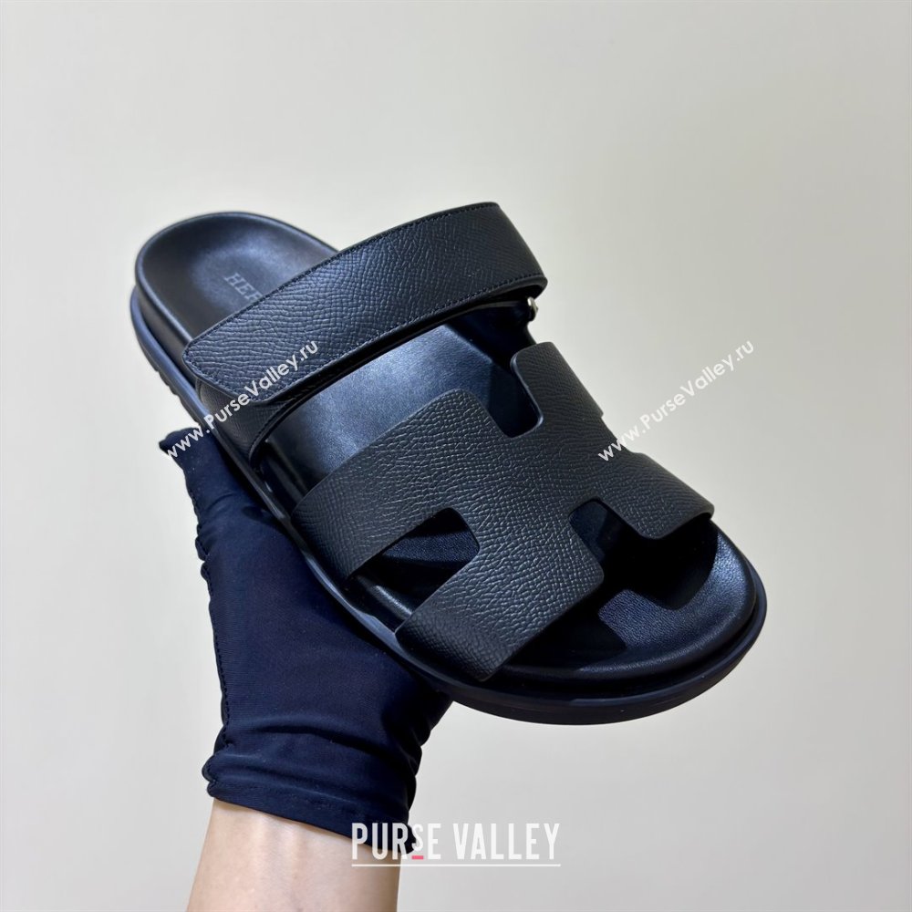 Hermes Chypre Flat Sandals in Epsom Calfskin Black 2025（Handmade） (MDU-25061101)