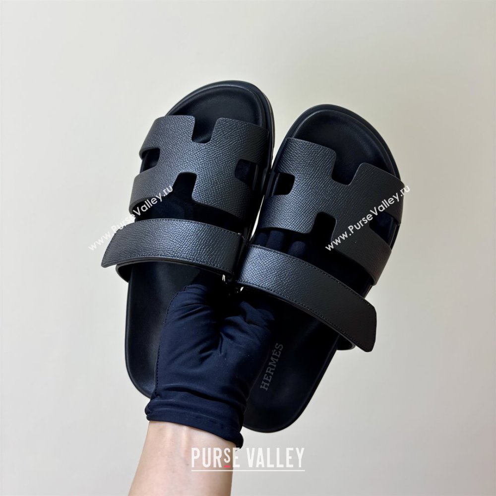 Hermes Chypre Flat Sandals in Epsom Calfskin Black 2025（Handmade） (MDU-25061101)