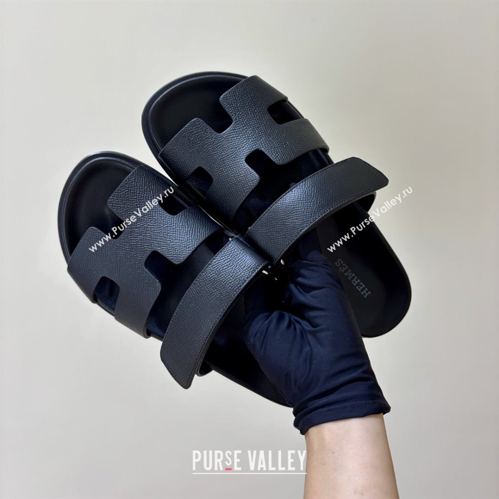 Hermes Chypre Flat Sandals in Epsom Calfskin Black 2025（Handmade） (MDU-25061101)