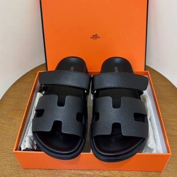 Hermes Chypre Flat Sandals in Epsom Calfskin Black 2025（Handmade） (MDU-25061101)