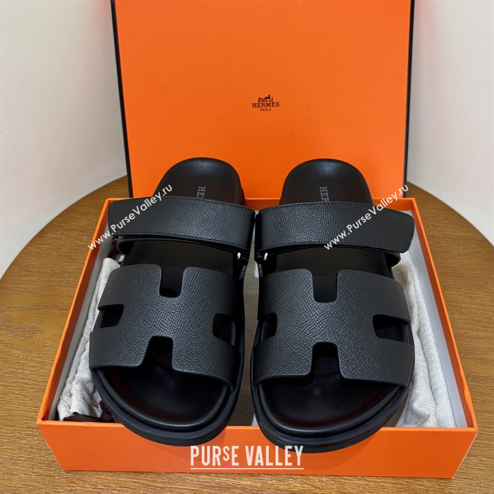 Hermes Chypre Flat Sandals in Epsom Calfskin Black 2025（Handmade） (MDU-25061101)