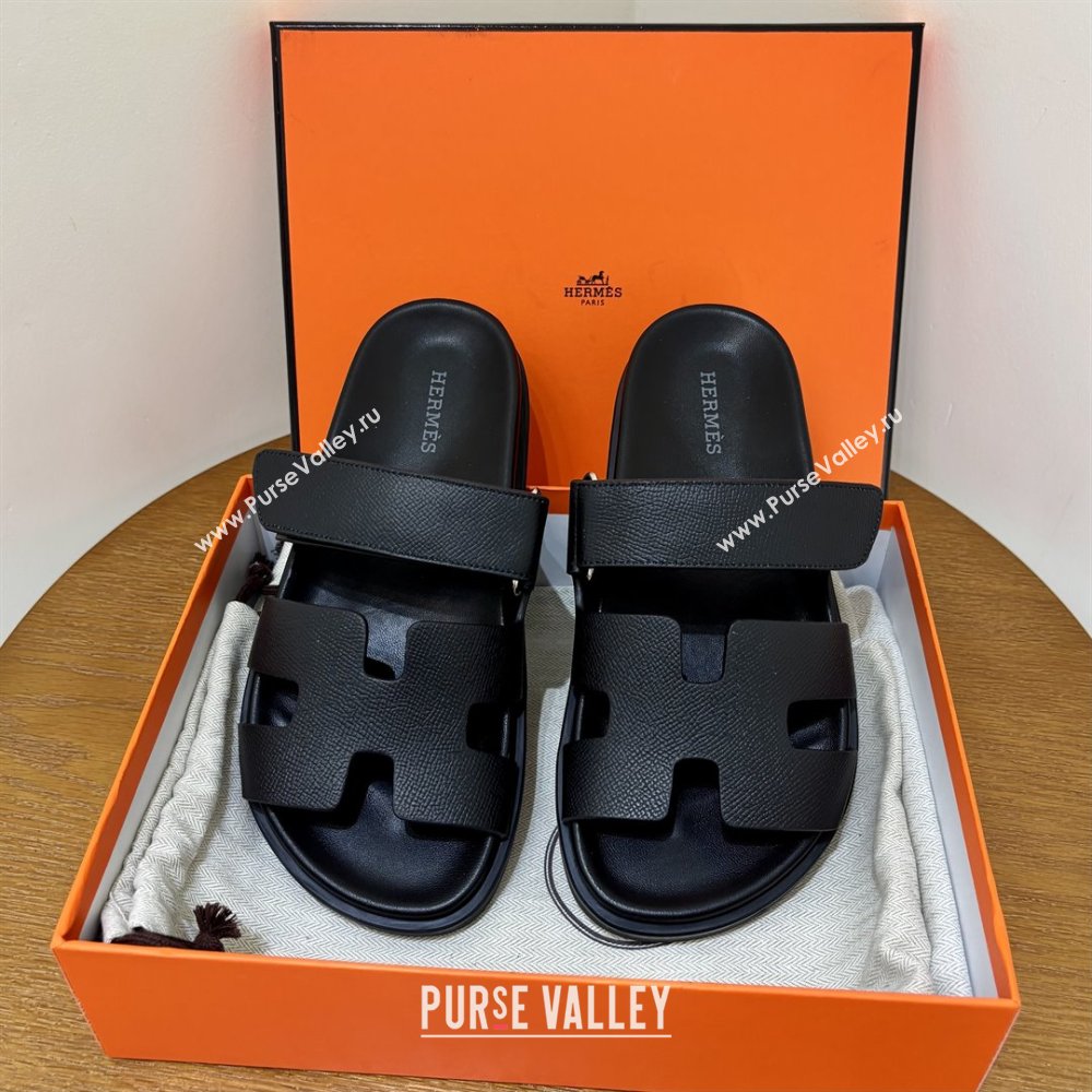 Hermes Chypre Flat Sandals in Epsom Calfskin Black 2025（Handmade） (MDU-25061101)