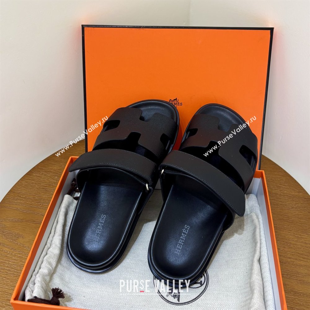 Hermes Chypre Flat Sandals in Epsom Calfskin Black 2025（Handmade） (MDU-25061101)