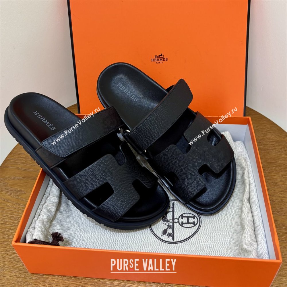 Hermes Chypre Flat Sandals in Epsom Calfskin Black 2025（Handmade） (MDU-25061101)