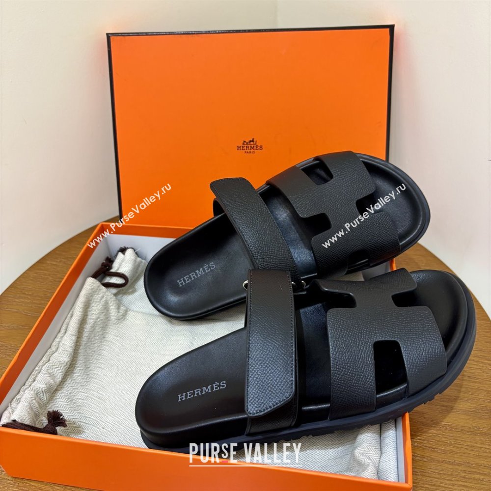 Hermes Chypre Flat Sandals in Epsom Calfskin Black 2025（Handmade） (MDU-25061101)