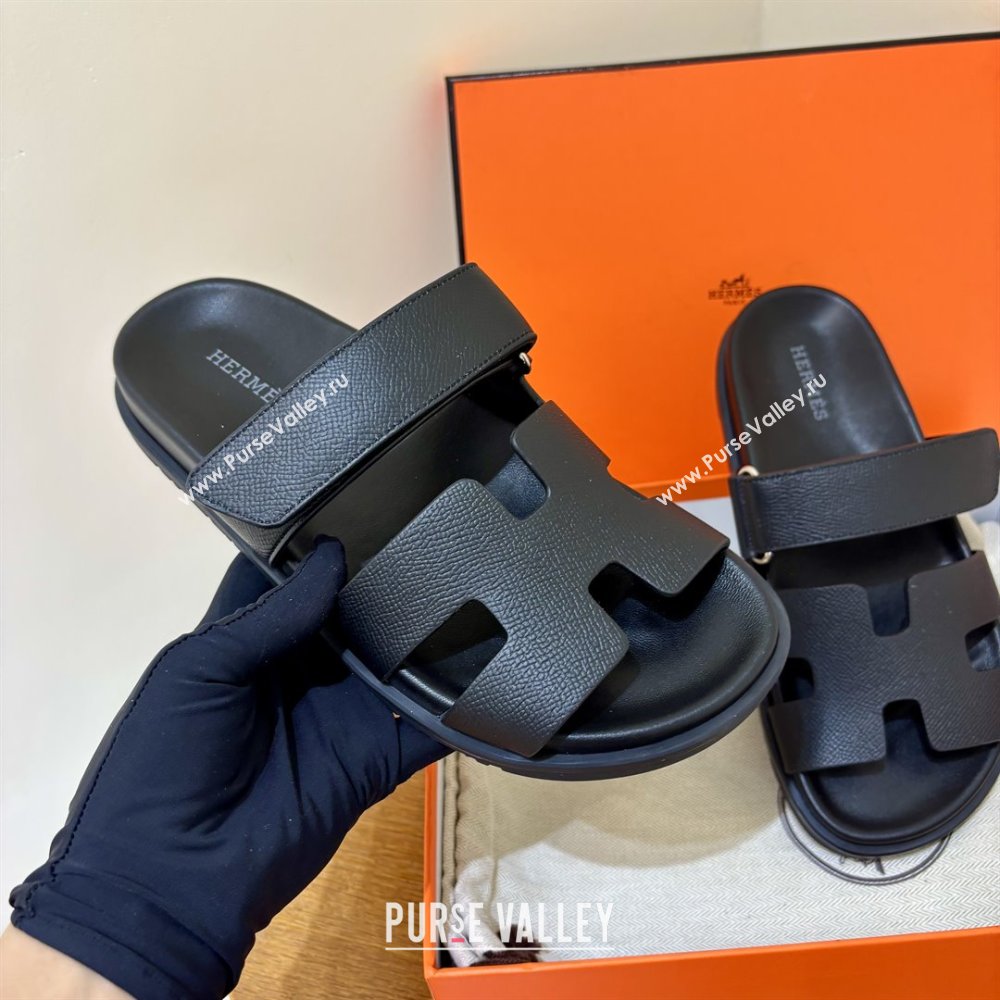 Hermes Chypre Flat Sandals in Epsom Calfskin Black 2025（Handmade） (MDU-25061101)