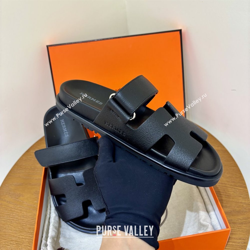 Hermes Chypre Flat Sandals in Epsom Calfskin Black 2025（Handmade） (MDU-25061101)