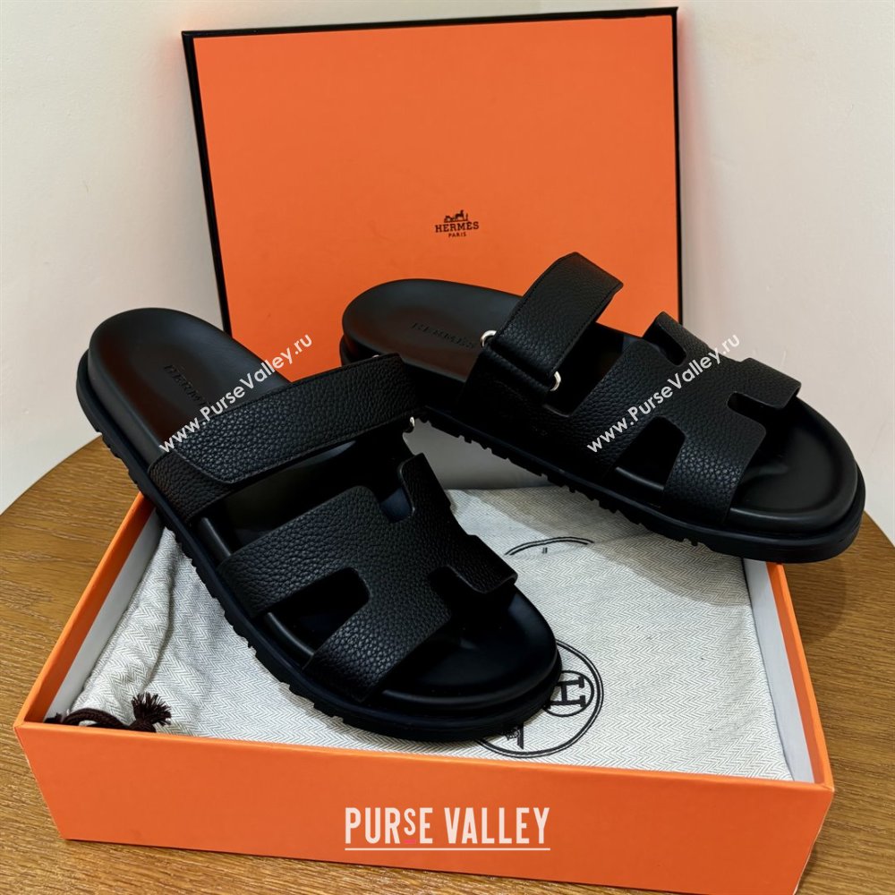 Hermes Chypre Flat Sandals in Togo Calfskin Black 2025（Handmade） (MDU-25061102)