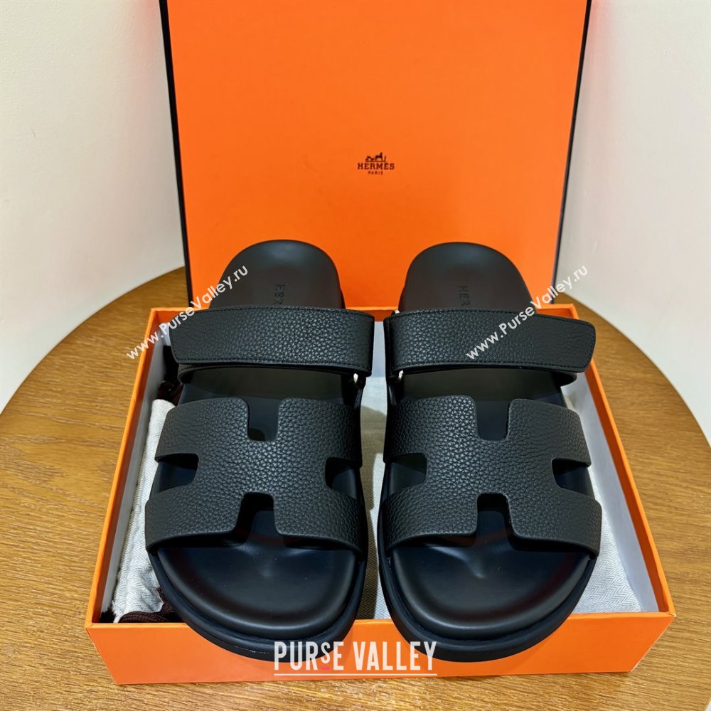 Hermes Chypre Flat Sandals in Togo Calfskin Black 2025（Handmade） (MDU-25061102)