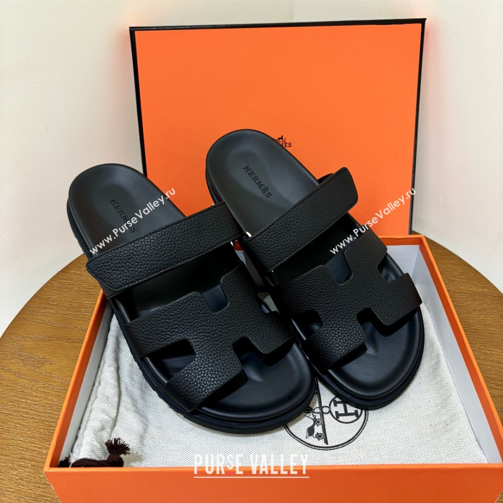 Hermes Chypre Flat Sandals in Togo Calfskin Black 2025（Handmade） (MDU-25061102)