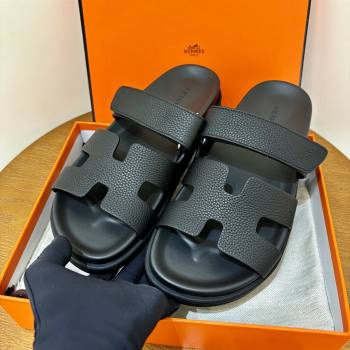 Hermes Chypre Flat Sandals in Togo Calfskin Black 2025（Handmade） (MDU-25061102)