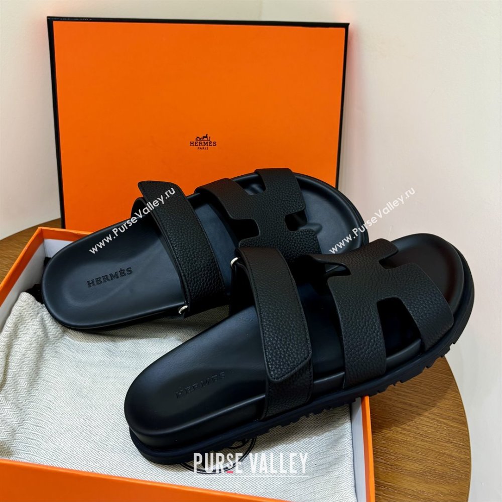 Hermes Chypre Flat Sandals in Togo Calfskin Black 2025（Handmade） (MDU-25061102)