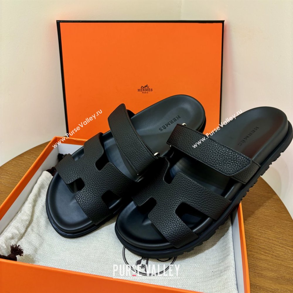 Hermes Chypre Flat Sandals in Togo Calfskin Black 2025（Handmade） (MDU-25061102)