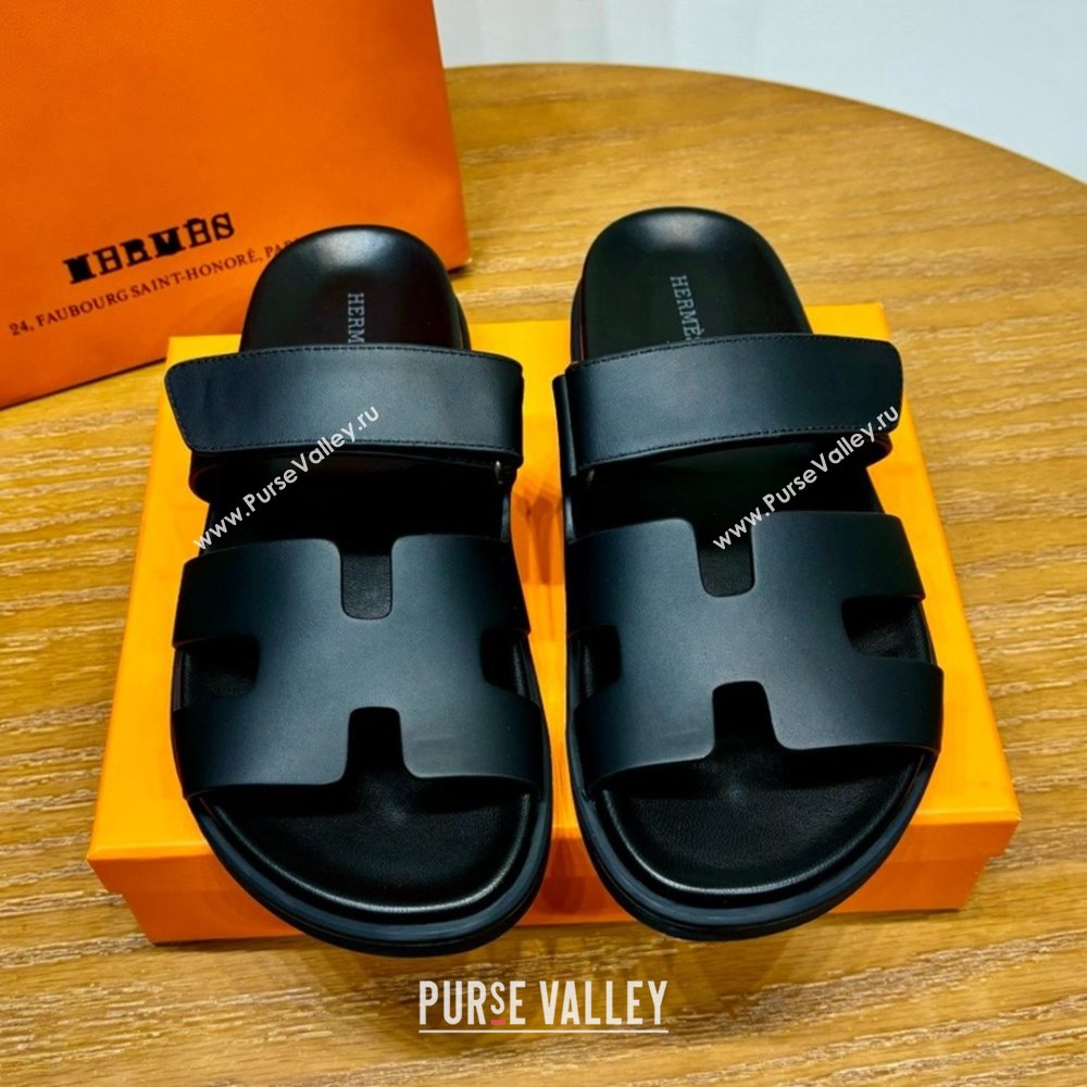 Hermes Chypre Flat Sandals in Smooth Calfskin Black 2025（Handmade） (MDU-25061103)