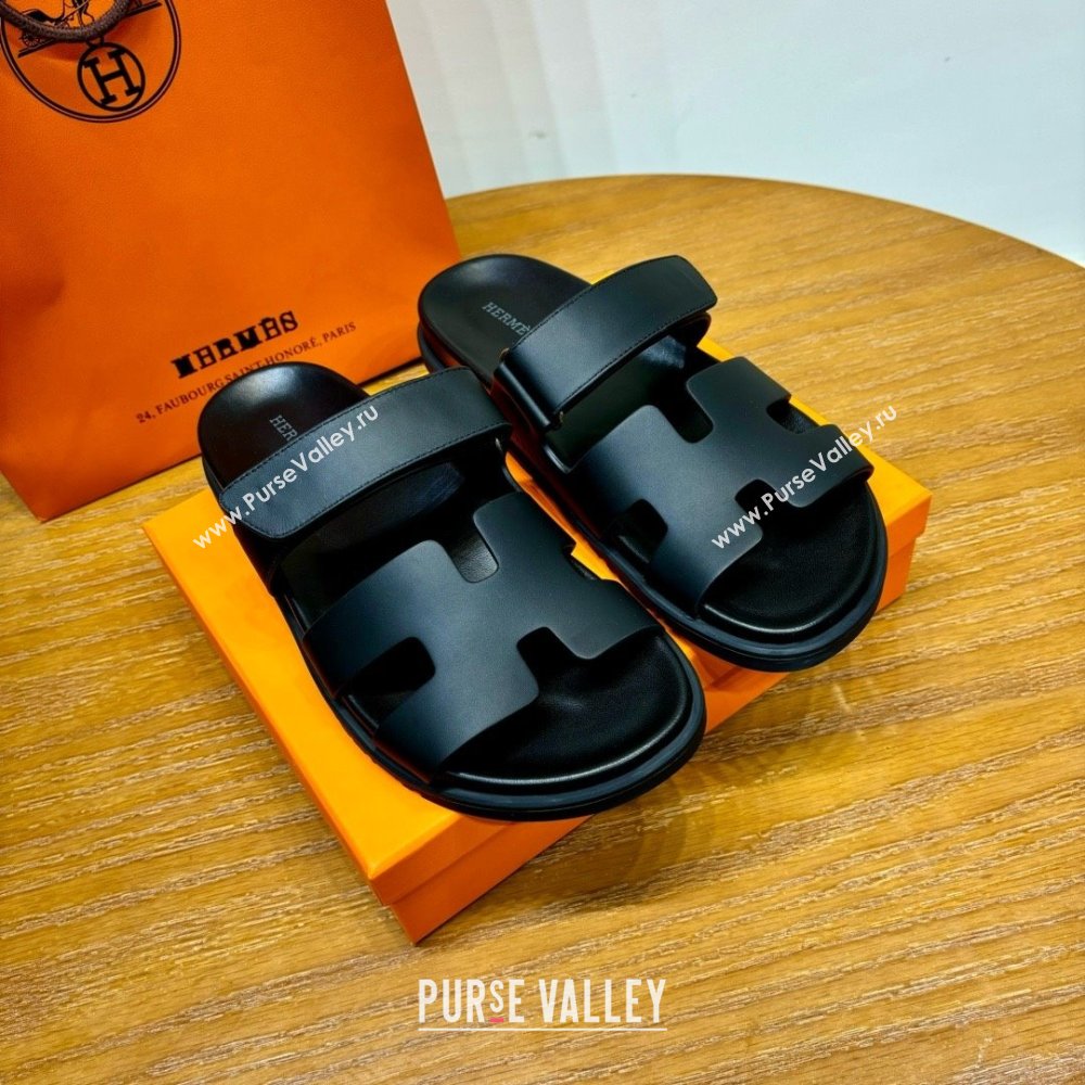 Hermes Chypre Flat Sandals in Smooth Calfskin Black 2025（Handmade） (MDU-25061103)