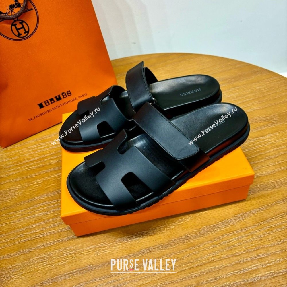 Hermes Chypre Flat Sandals in Smooth Calfskin Black 2025（Handmade） (MDU-25061103)