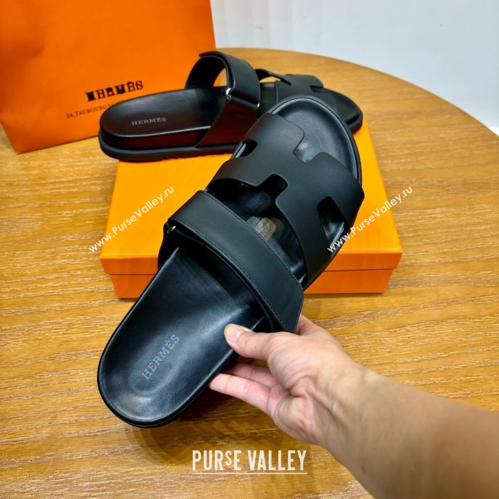 Hermes Chypre Flat Sandals in Smooth Calfskin Black 2025（Handmade） (MDU-25061103)