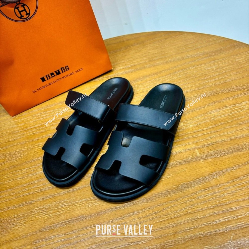 Hermes Chypre Flat Sandals in Smooth Calfskin Black 2025（Handmade） (MDU-25061103)