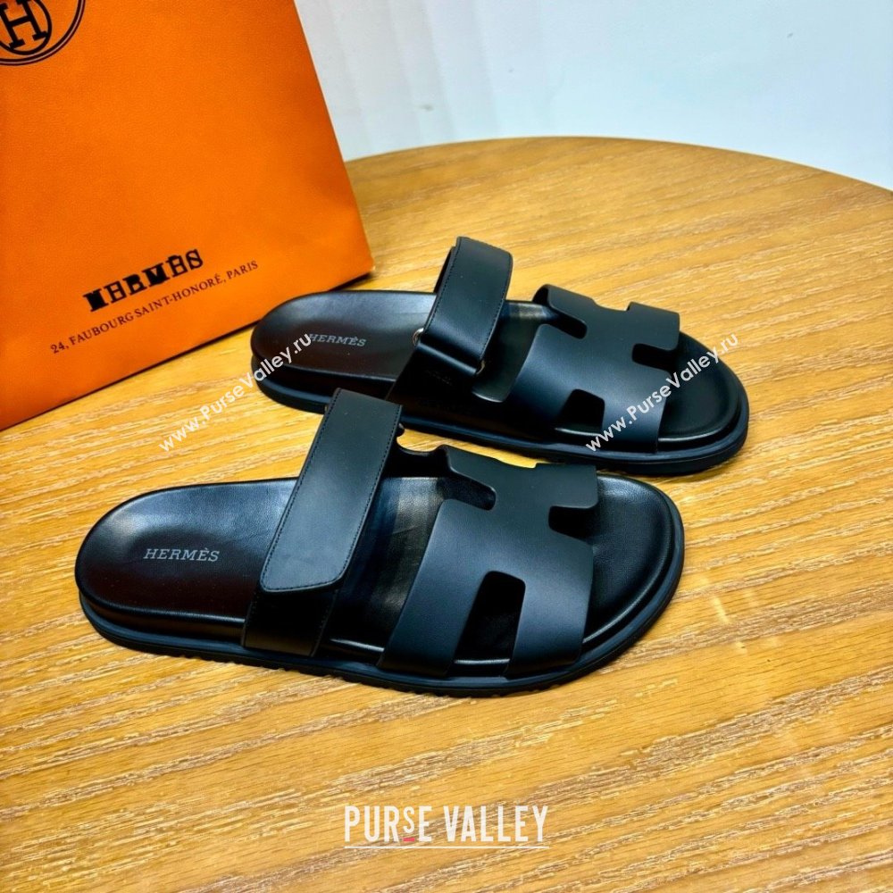 Hermes Chypre Flat Sandals in Smooth Calfskin Black 2025（Handmade） (MDU-25061103)