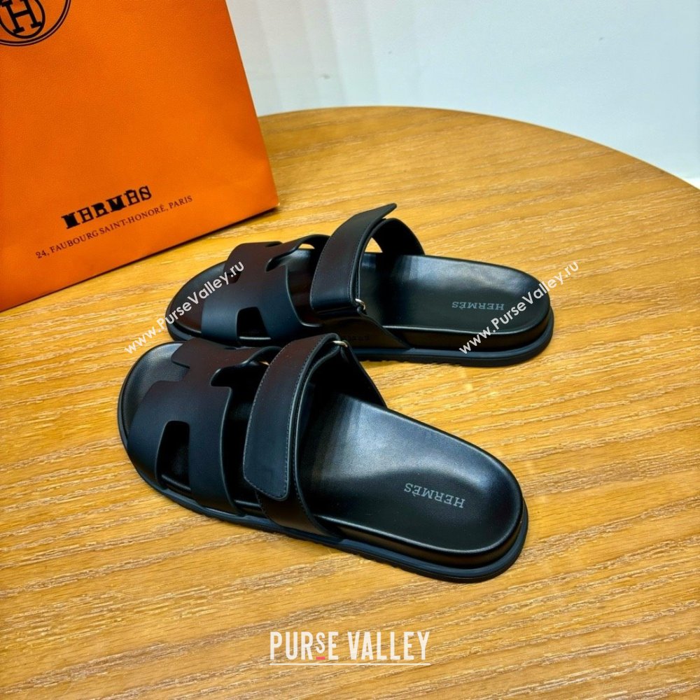Hermes Chypre Flat Sandals in Smooth Calfskin Black 2025（Handmade） (MDU-25061103)