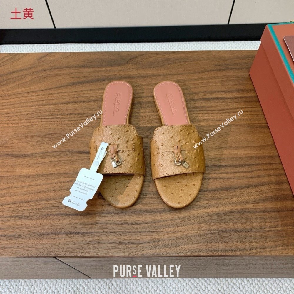 Loro Piana Summer Charms Slides Sandal in Ostrich Pattern Leather LP62320 Brown 2025 (HH-25062320)